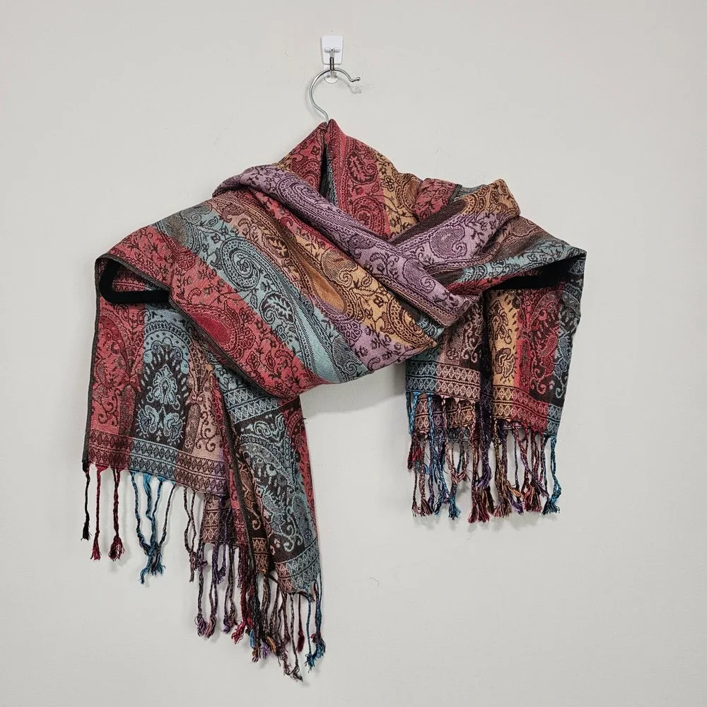 Pashmina Cashmere Silk Scarf Paisley Fringe Shawl 70x28 Arsty Old Money Evening